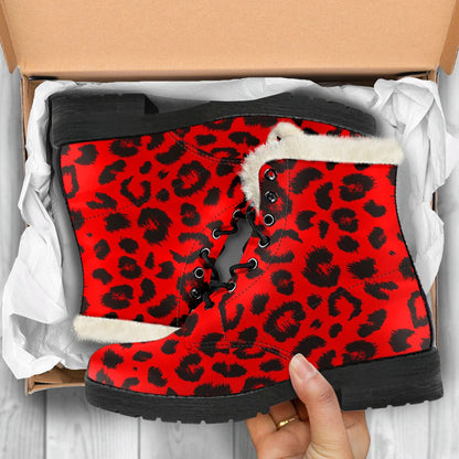 Leopard Red Skin Print Faux Fur Leather Boots-JTAMIGO.COM