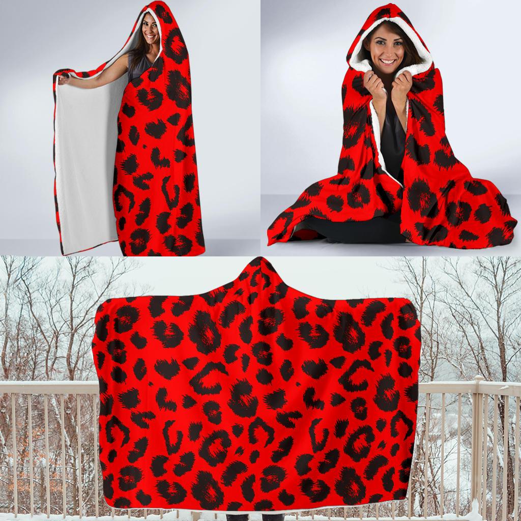 Leopard Red Skin Print Hooded Blanket-JTAMIGO.COM