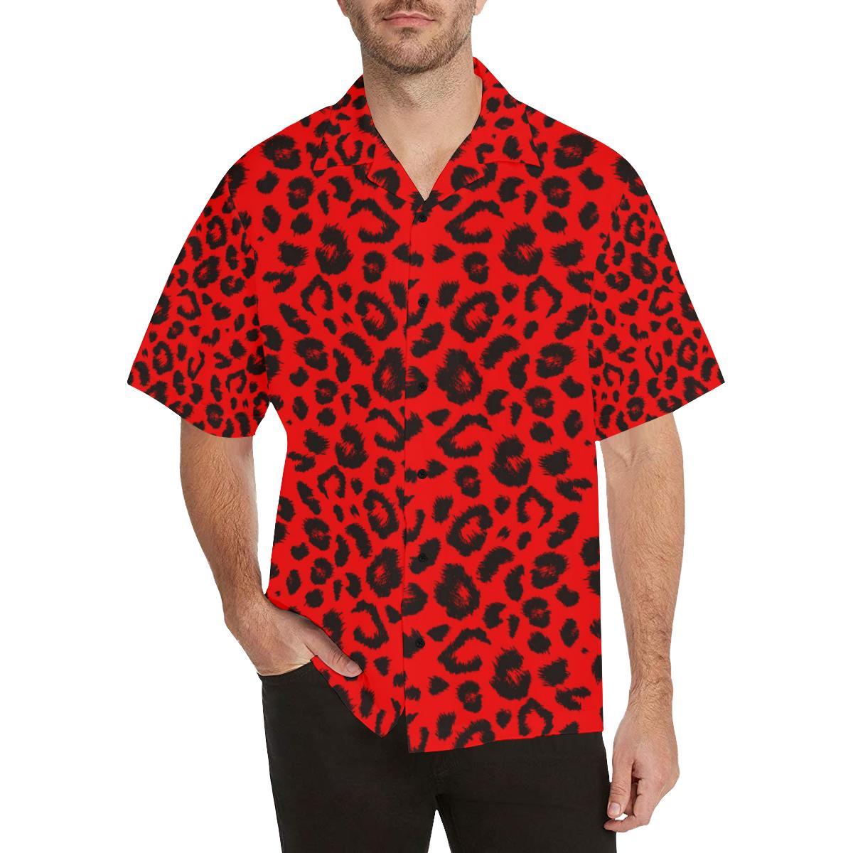 Leopard Red Skin Print Men Aloha Hawaiian Shirt