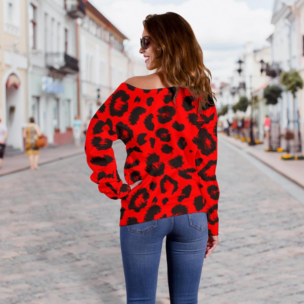 Leopard Red Skin Print Off Shoulder Sweatshirt