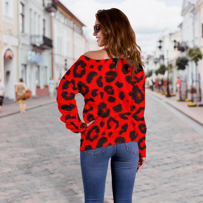 Leopard Red Skin Print Off Shoulder Sweatshirt