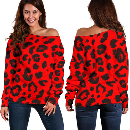 Leopard Red Skin Print Off Shoulder Sweatshirt
