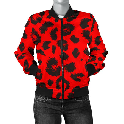 Leopard Red Skin Print Women Casual Bomber Jacket