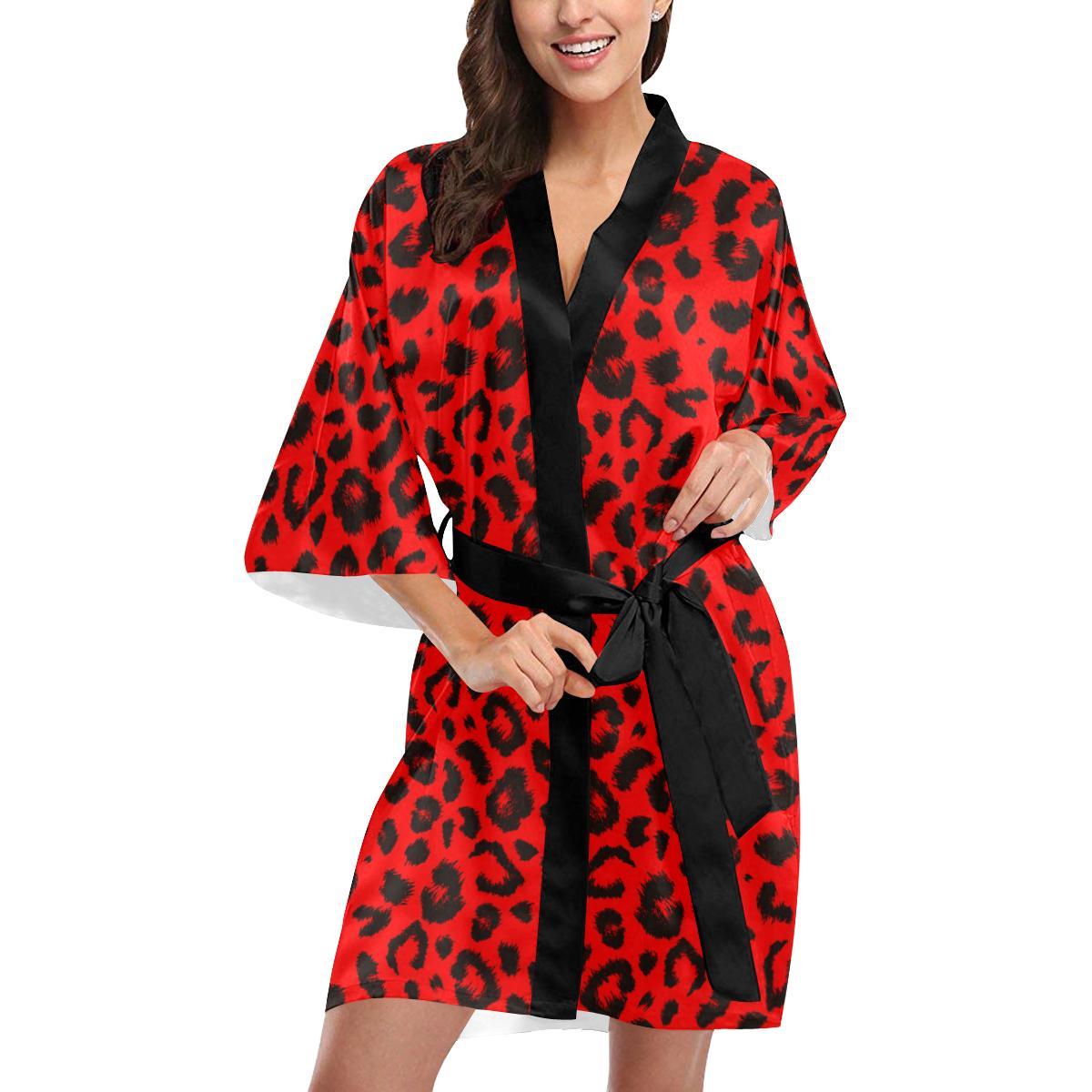 Leopard Red Skin Print Women Short Kimono Robe