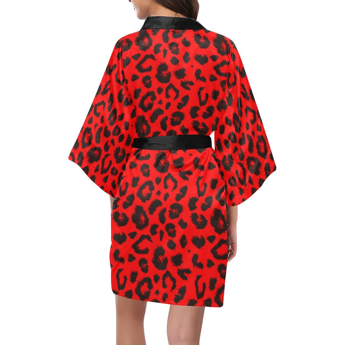 Leopard Red Skin Print Women Short Kimono Robe