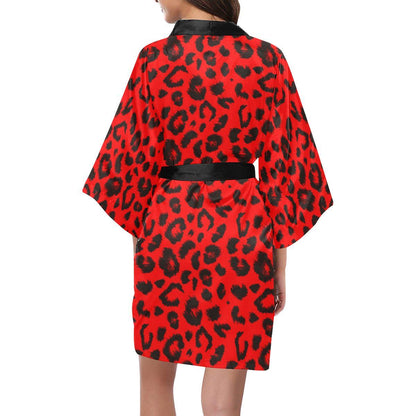 Leopard Red Skin Print Women Short Kimono Robe