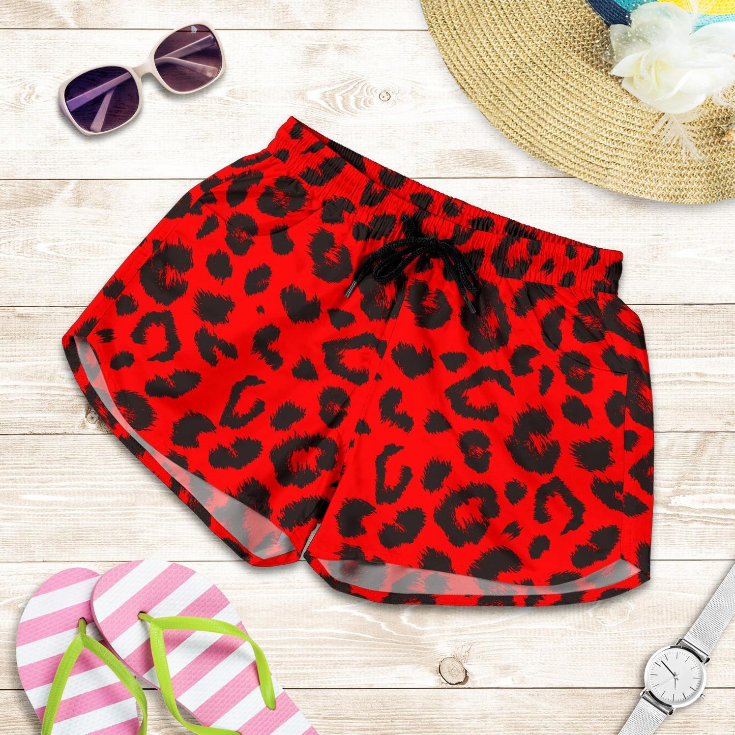 Leopard Red Skin Print Women Shorts-JTAMIGO.COM