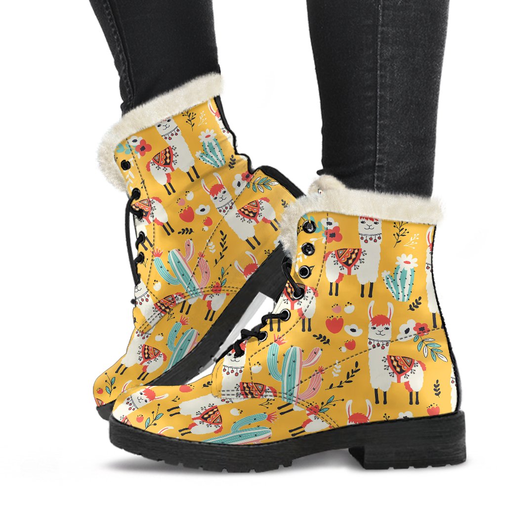 Llama Cute Themed Print Faux Fur Leather Boots-JTAMIGO.COM