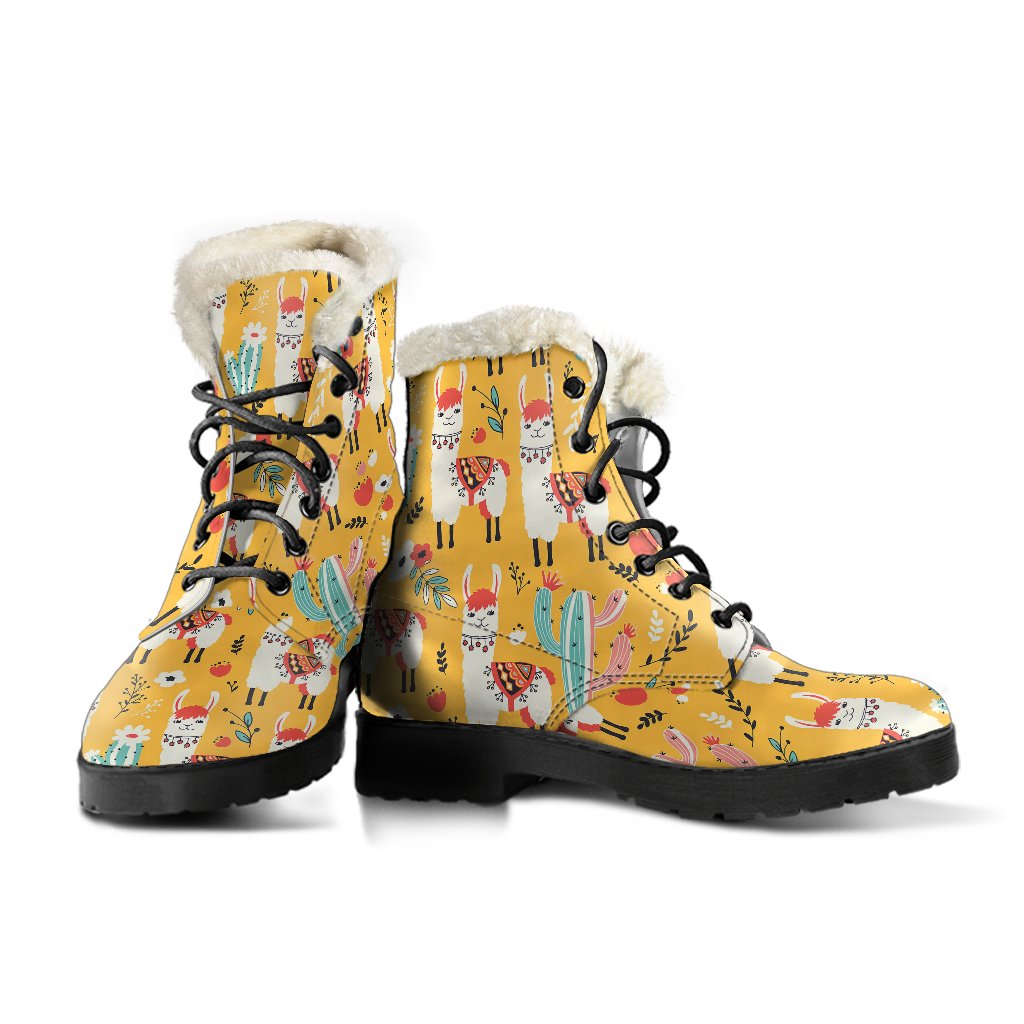 Llama Cute Themed Print Faux Fur Leather Boots-JTAMIGO.COM