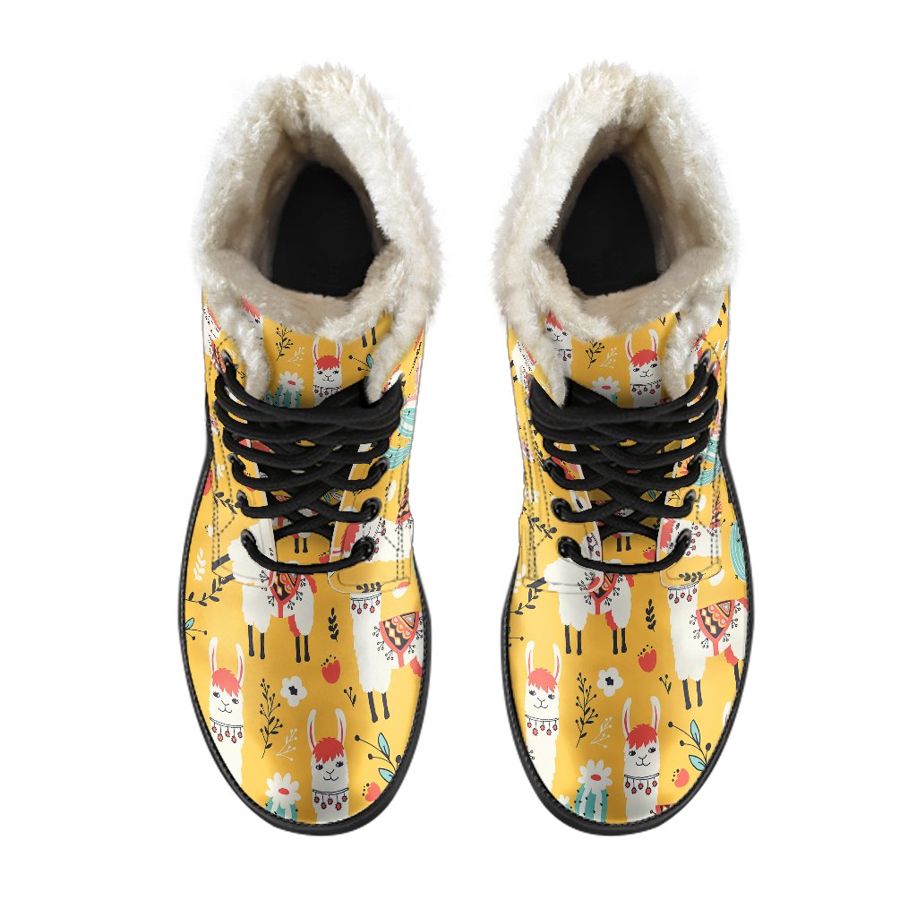 Llama Cute Themed Print Faux Fur Leather Boots-JTAMIGO.COM