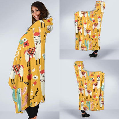 Llama Cute Themed Print Hooded Blanket-JTAMIGO.COM