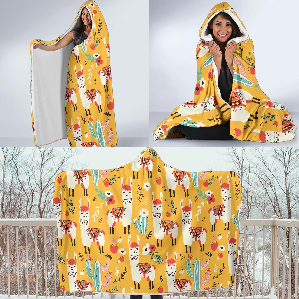 Llama Cute Themed Print Hooded Blanket-JTAMIGO.COM