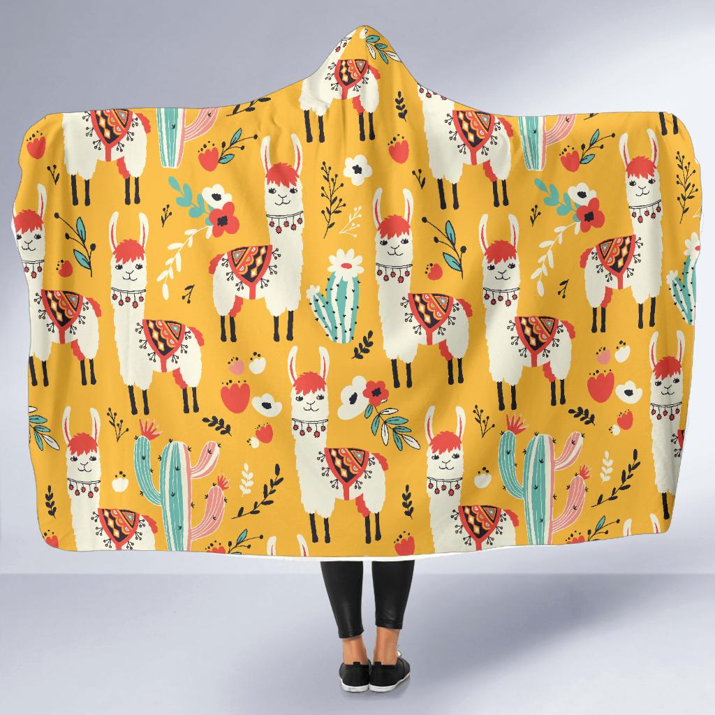Llama Cute Themed Print Hooded Blanket-JTAMIGO.COM