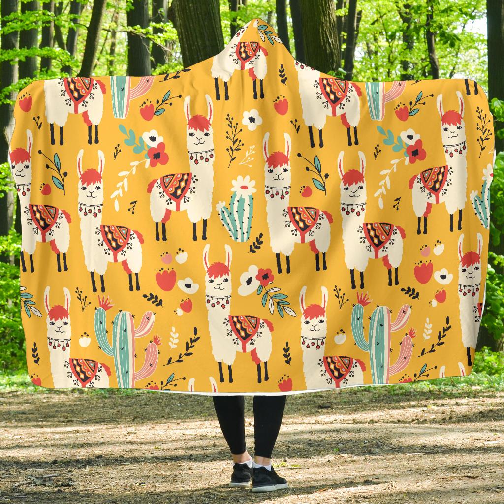 Llama Cute Themed Print Hooded Blanket-JTAMIGO.COM