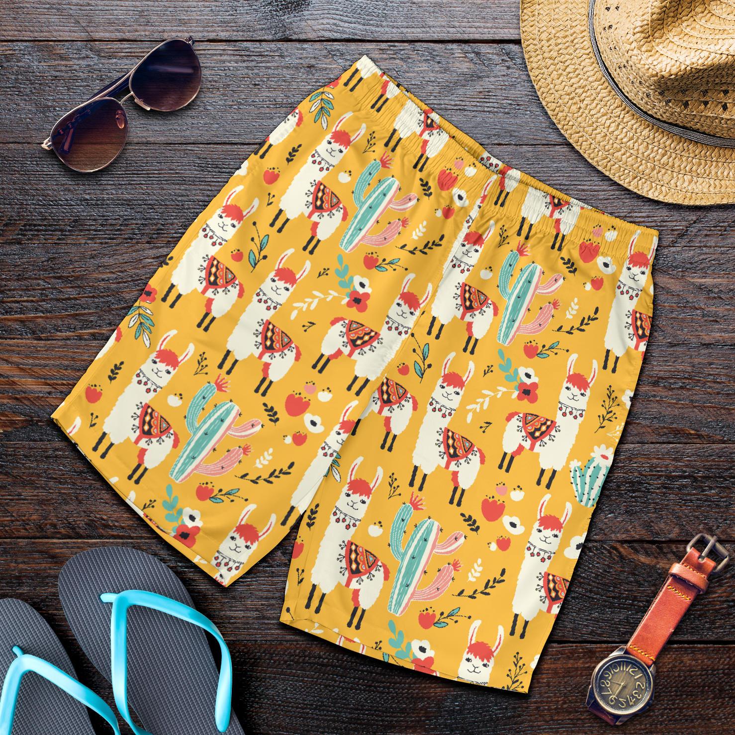 Llama Cute Themed Print Mens Shorts-JTAMIGO.COM