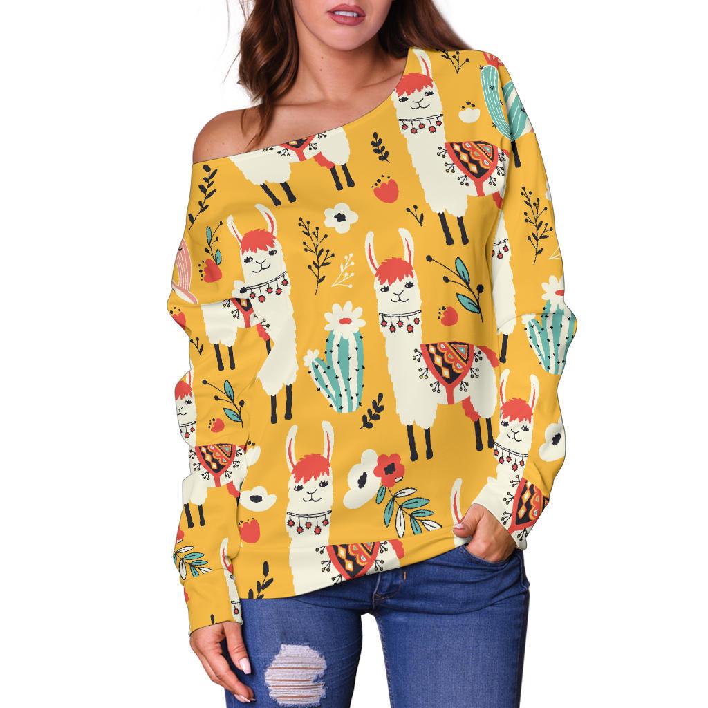 Llama Cute Themed Print Off Shoulder Sweatshirt