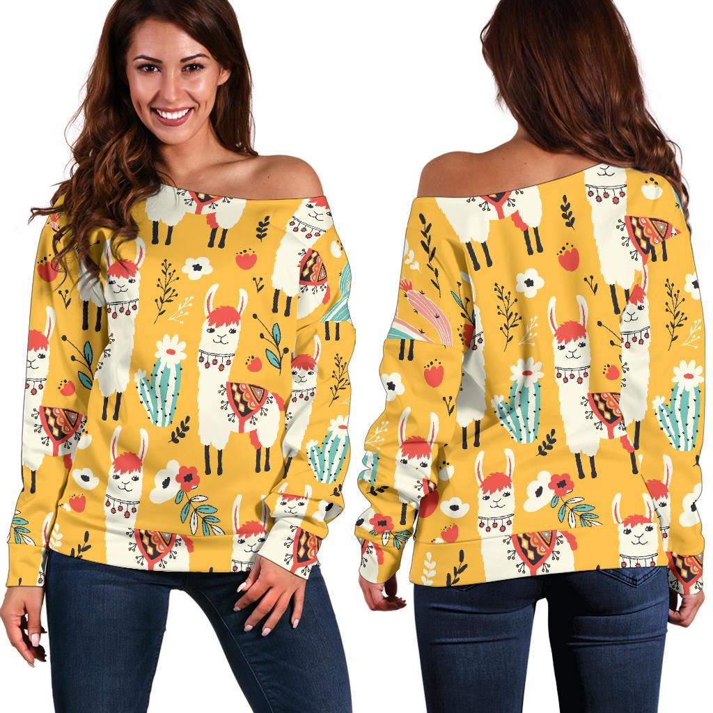 Llama Cute Themed Print Off Shoulder Sweatshirt