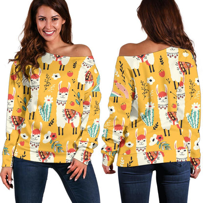 Llama Cute Themed Print Off Shoulder Sweatshirt