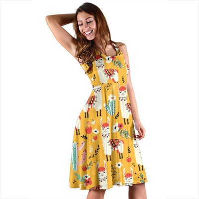 Llama Cute Themed Print Sleeveless Dress