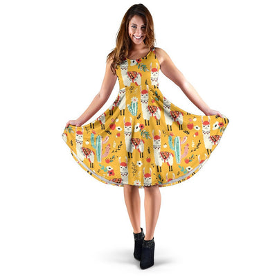 Llama Cute Themed Print Sleeveless Dress