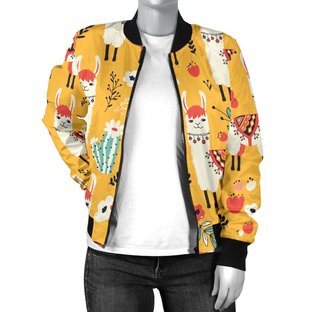 Llama Cute Themed Print Women Casual Bomber Jacket