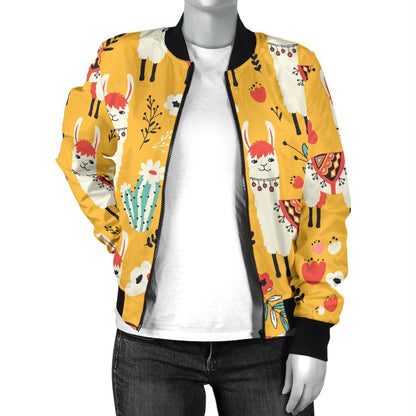 Llama Cute Themed Print Women Casual Bomber Jacket