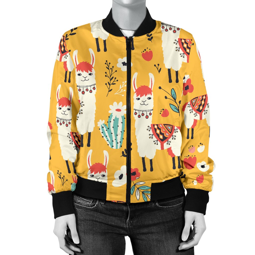 Llama Cute Themed Print Women Casual Bomber Jacket