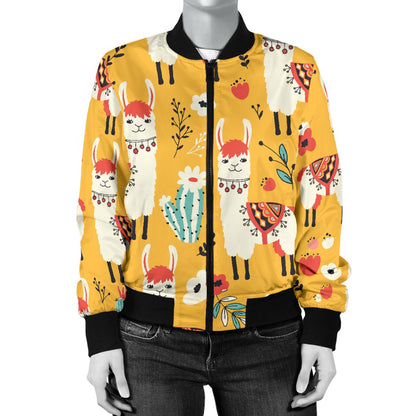Llama Cute Themed Print Women Casual Bomber Jacket