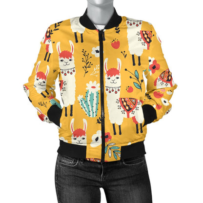 Llama Cute Themed Print Women Casual Bomber Jacket