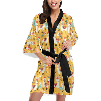 Llama Cute Themed Print Women Short Kimono Robe