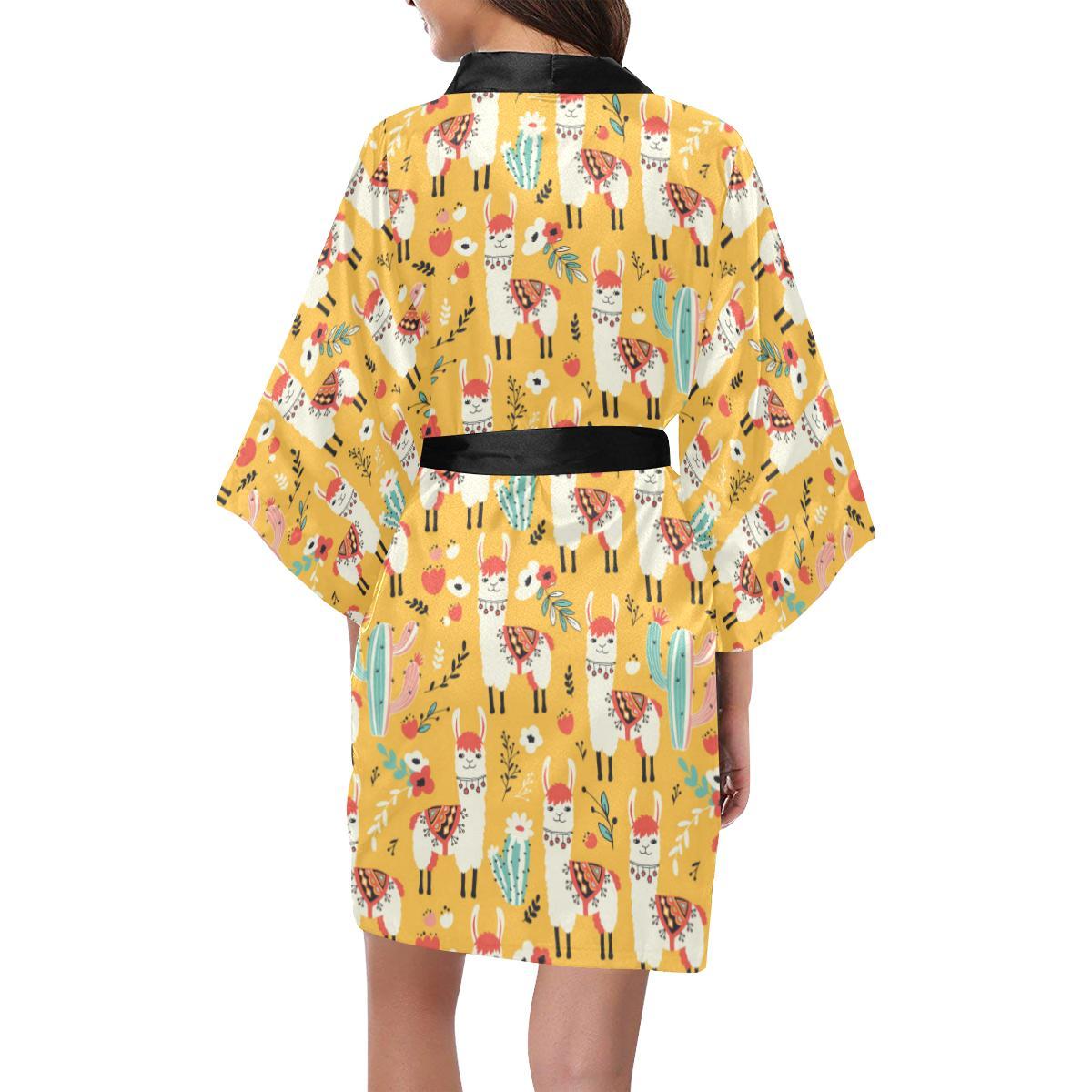 Llama Cute Themed Print Women Short Kimono Robe