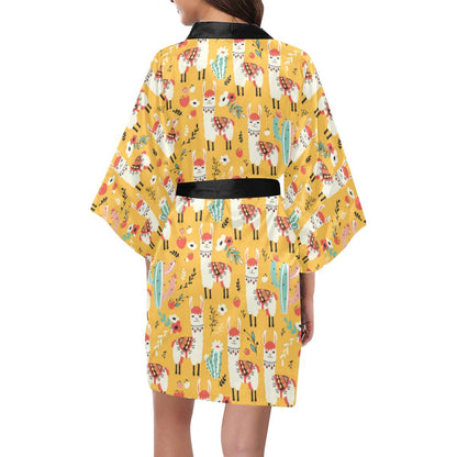 Llama Cute Themed Print Women Short Kimono Robe