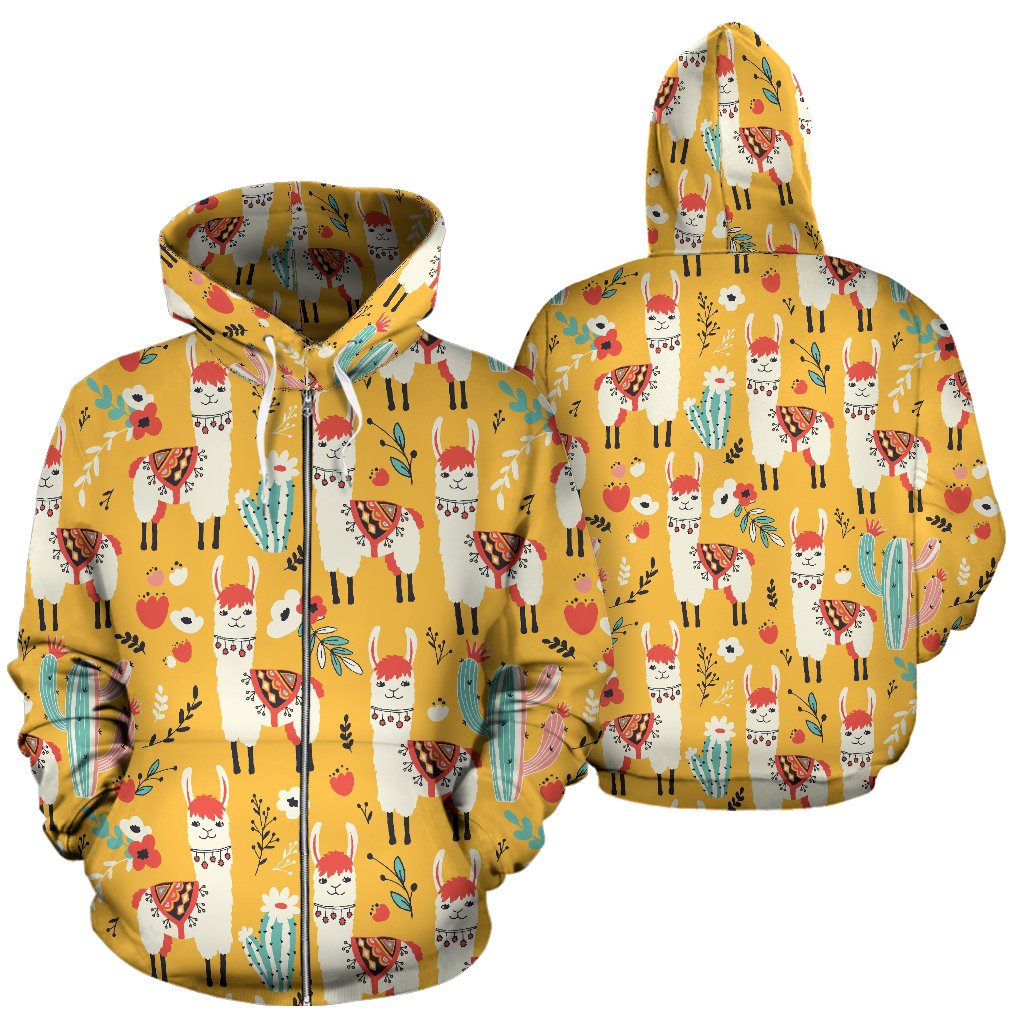 Llama Cute Themed Print Zip Up Hoodie