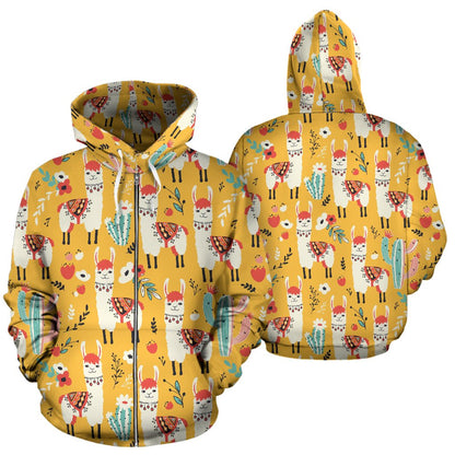 Llama Cute Themed Print Zip Up Hoodie