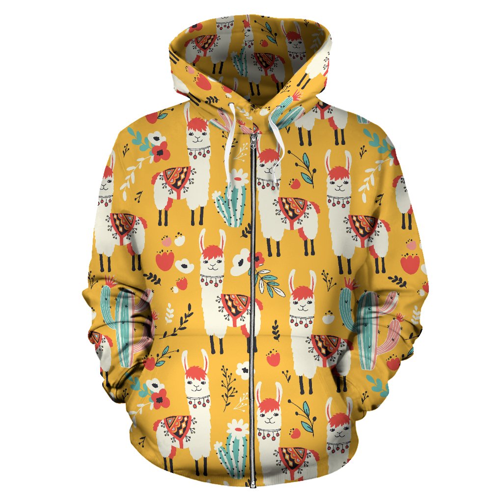 Llama Cute Themed Print Zip Up Hoodie