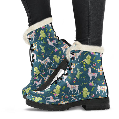 Llama with Cactus Design Print Faux Fur Leather Boots-JTAMIGO.COM