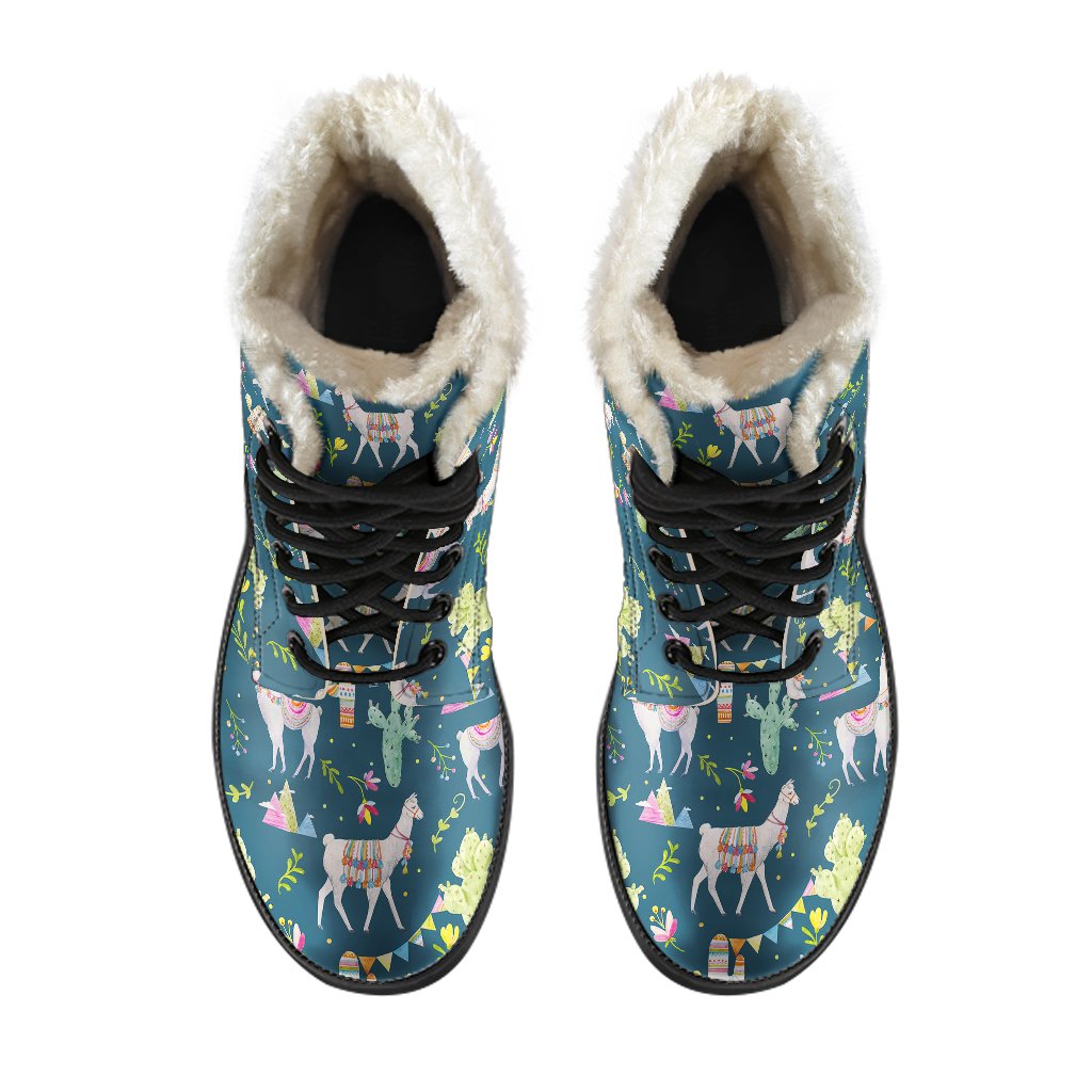 Llama with Cactus Design Print Faux Fur Leather Boots-JTAMIGO.COM