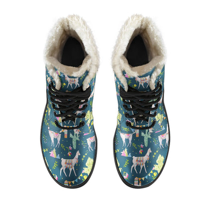 Llama with Cactus Design Print Faux Fur Leather Boots-JTAMIGO.COM