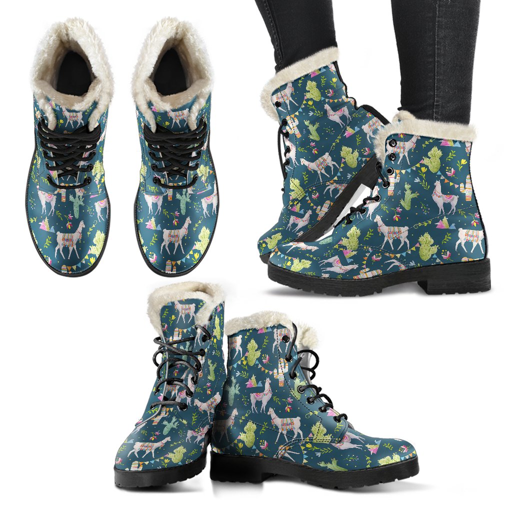Llama with Cactus Design Print Faux Fur Leather Boots-JTAMIGO.COM