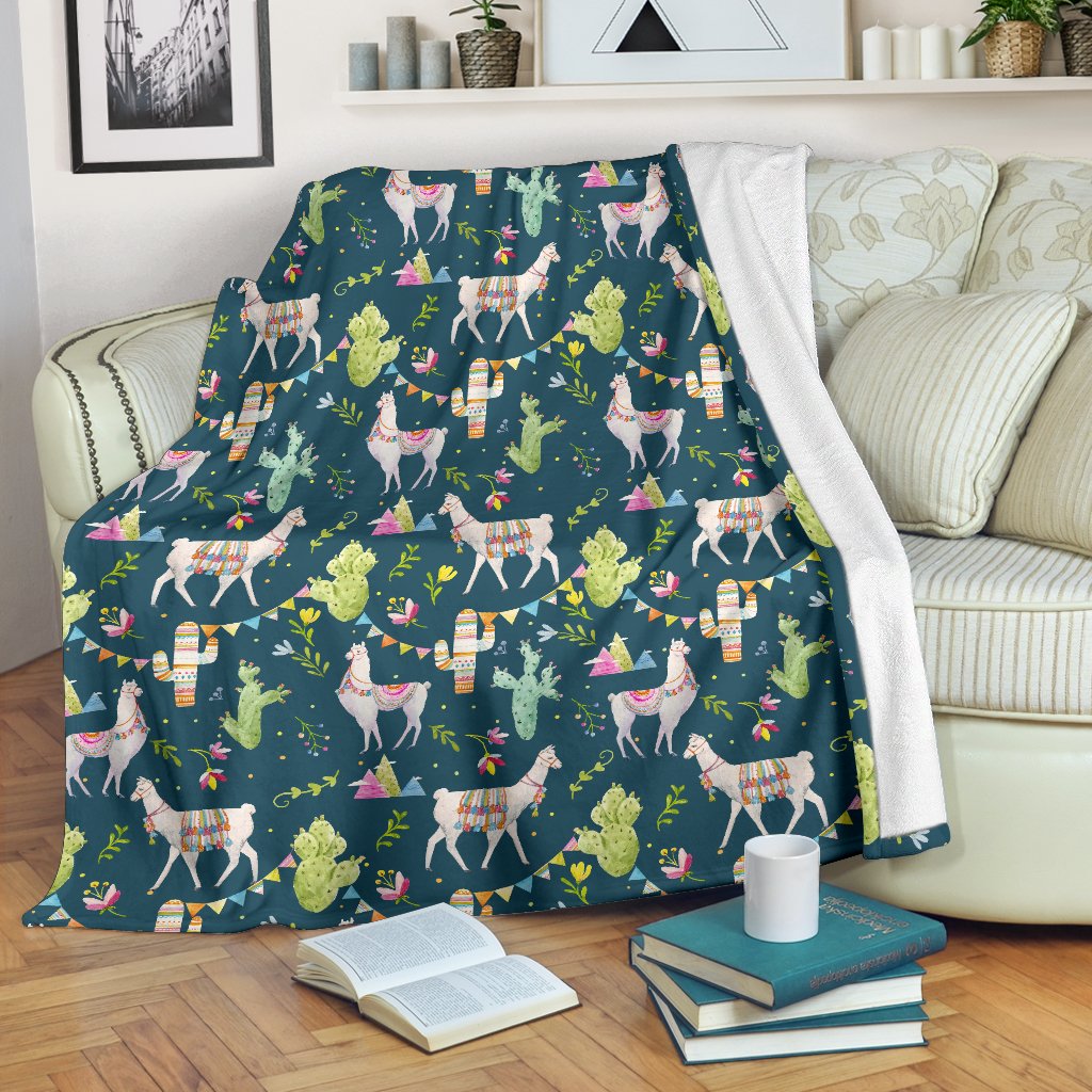 Llama With Cactus Design Print Fleece Blanket