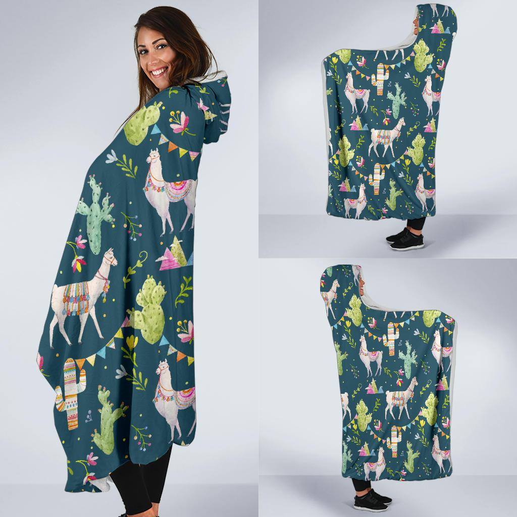 Llama with Cactus Design Print Hooded Blanket-JTAMIGO.COM