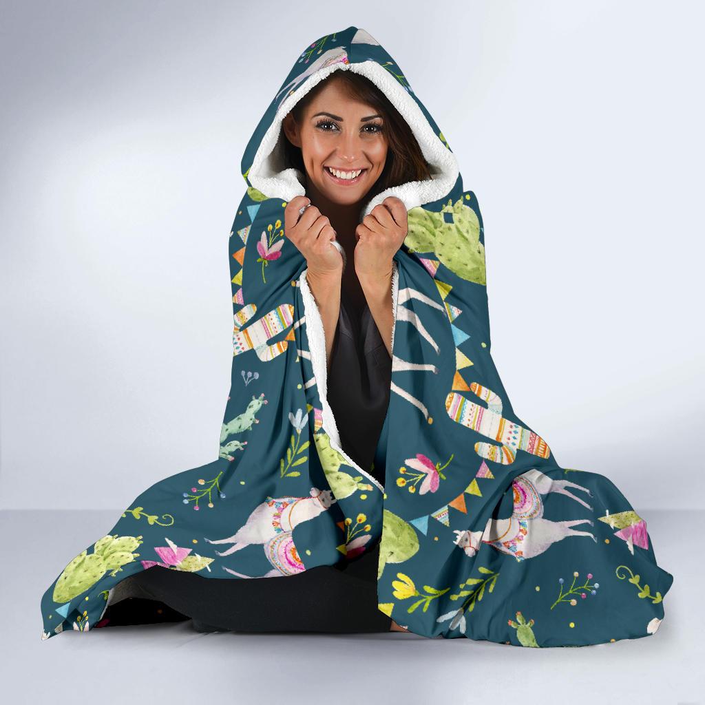 Llama with Cactus Design Print Hooded Blanket-JTAMIGO.COM