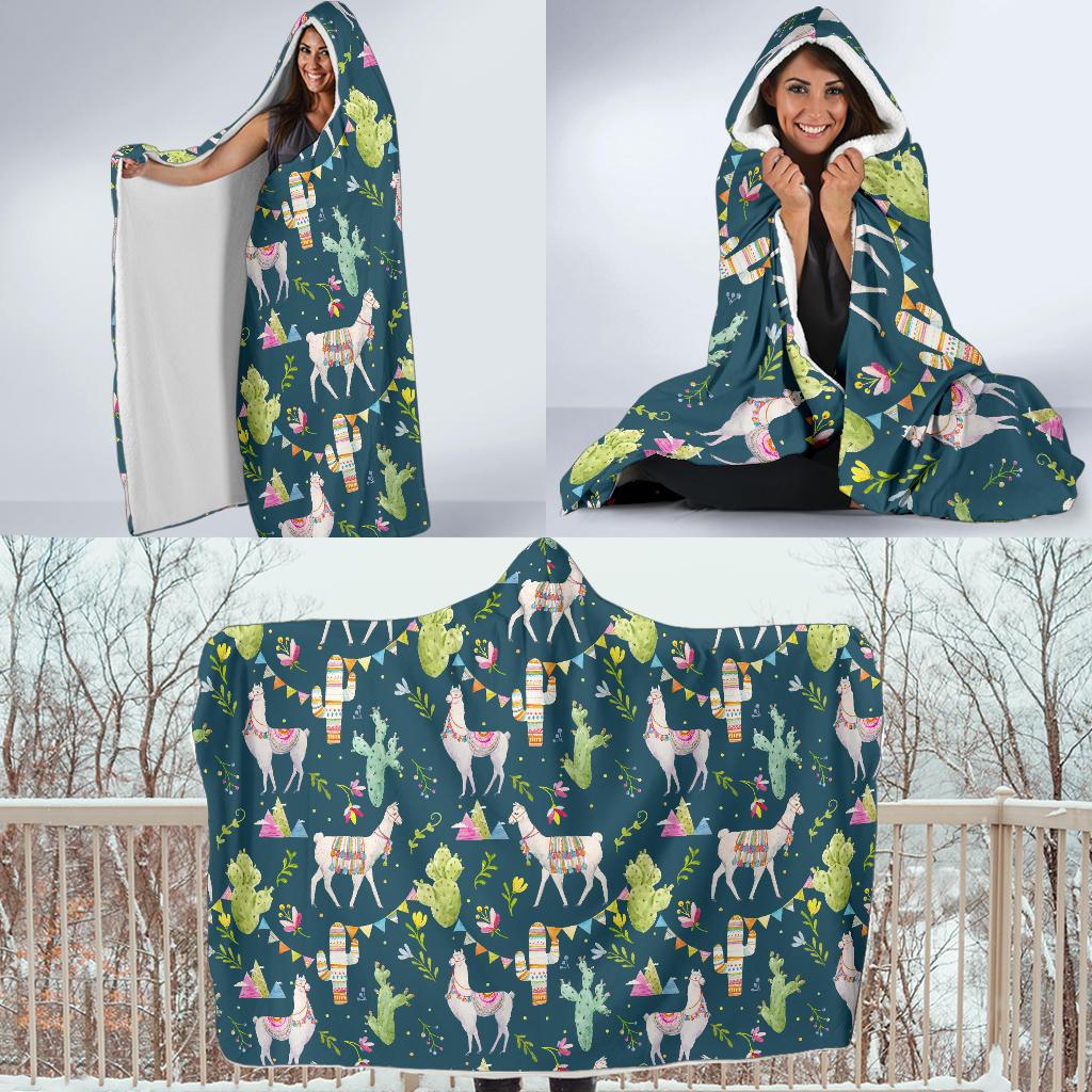Llama with Cactus Design Print Hooded Blanket-JTAMIGO.COM