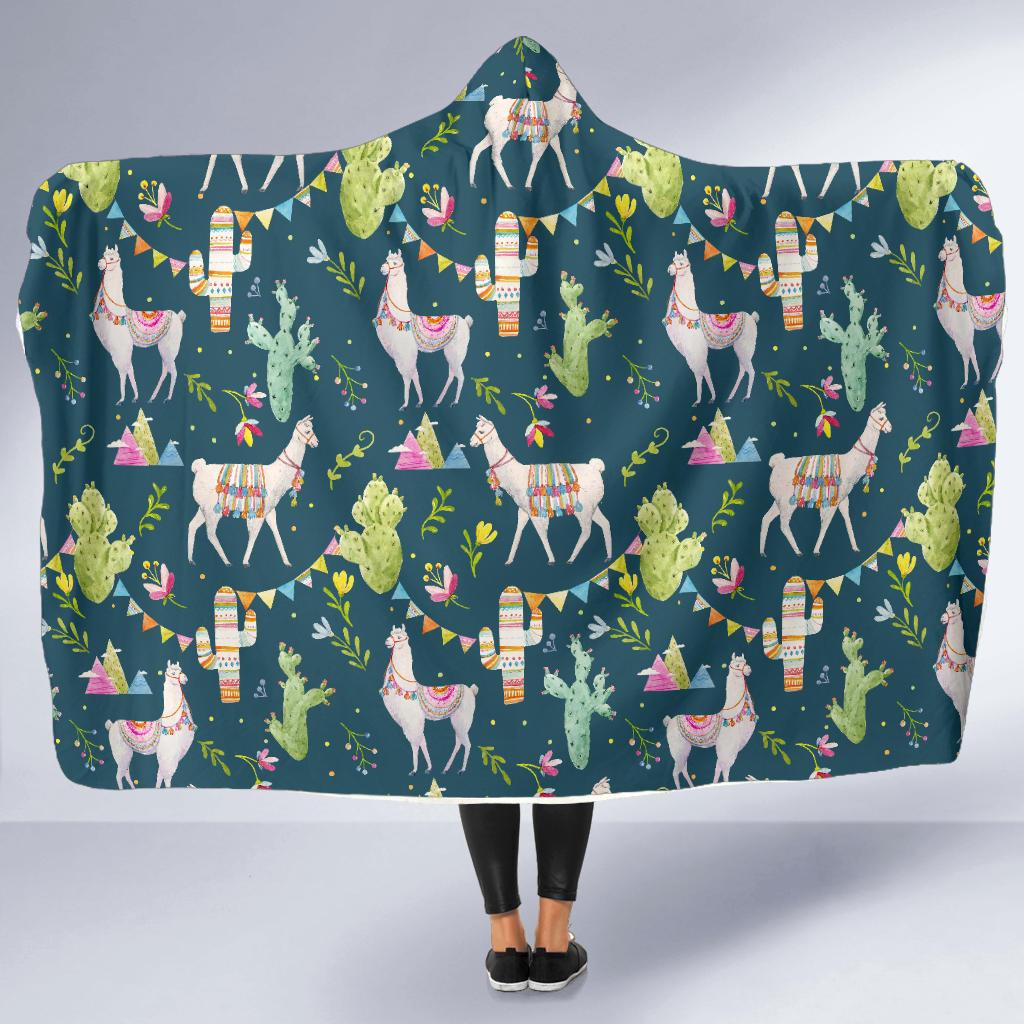 Llama with Cactus Design Print Hooded Blanket-JTAMIGO.COM