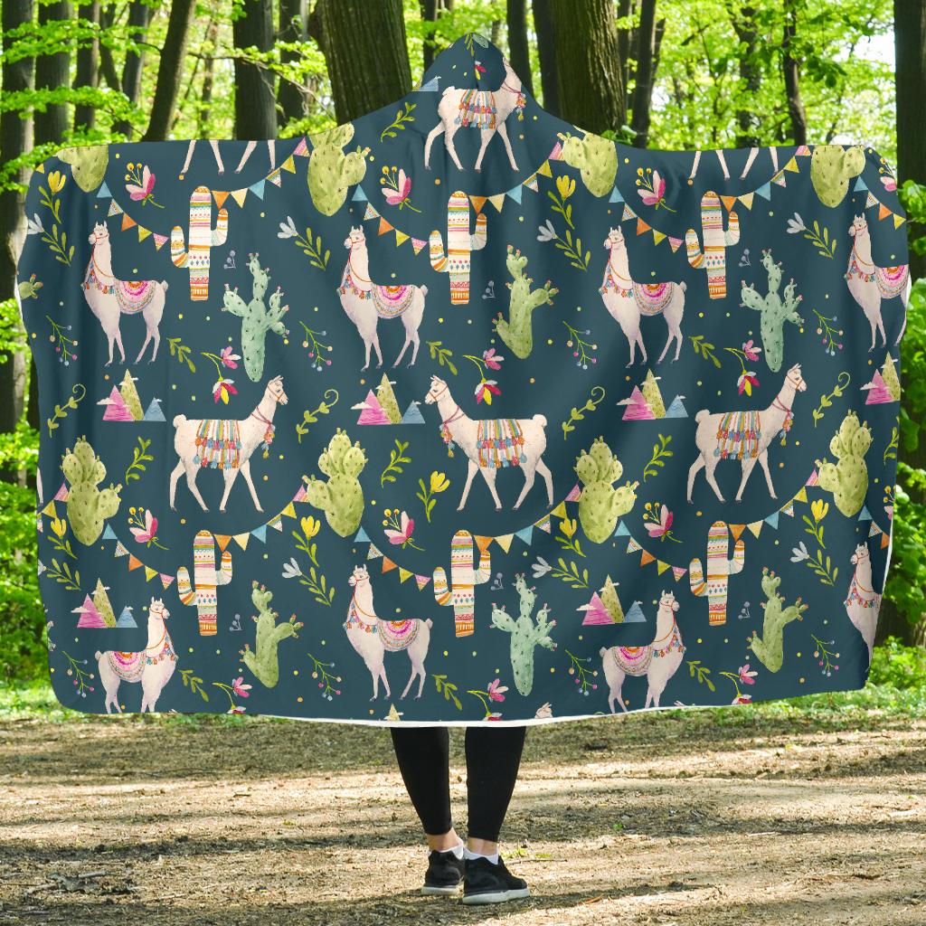 Llama with Cactus Design Print Hooded Blanket-JTAMIGO.COM
