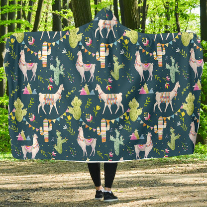 Llama with Cactus Design Print Hooded Blanket-JTAMIGO.COM