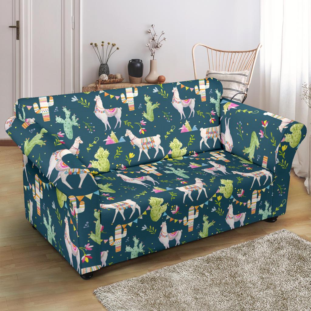 Llama with Cactus Design Print Loveseat Slipcover-JTAMIGO.COM