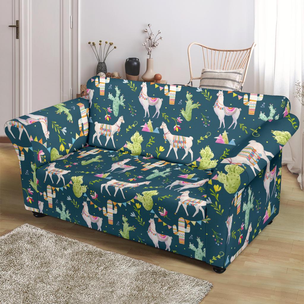 Llama with Cactus Design Print Loveseat Slipcover-JTAMIGO.COM
