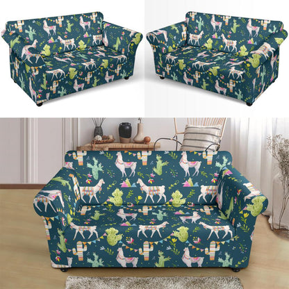 Llama with Cactus Design Print Loveseat Slipcover-JTAMIGO.COM