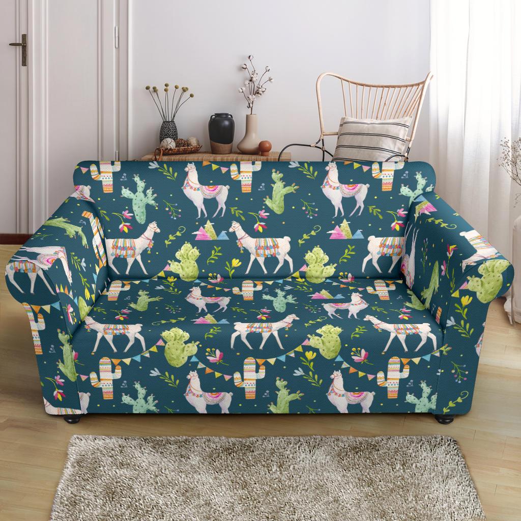 Llama with Cactus Design Print Loveseat Slipcover-JTAMIGO.COM